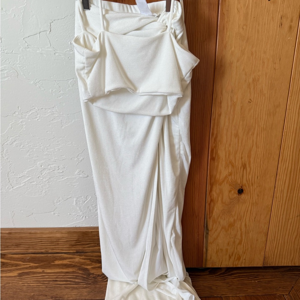 12th Tribe White Ruched Asymmetrical Midi Gown